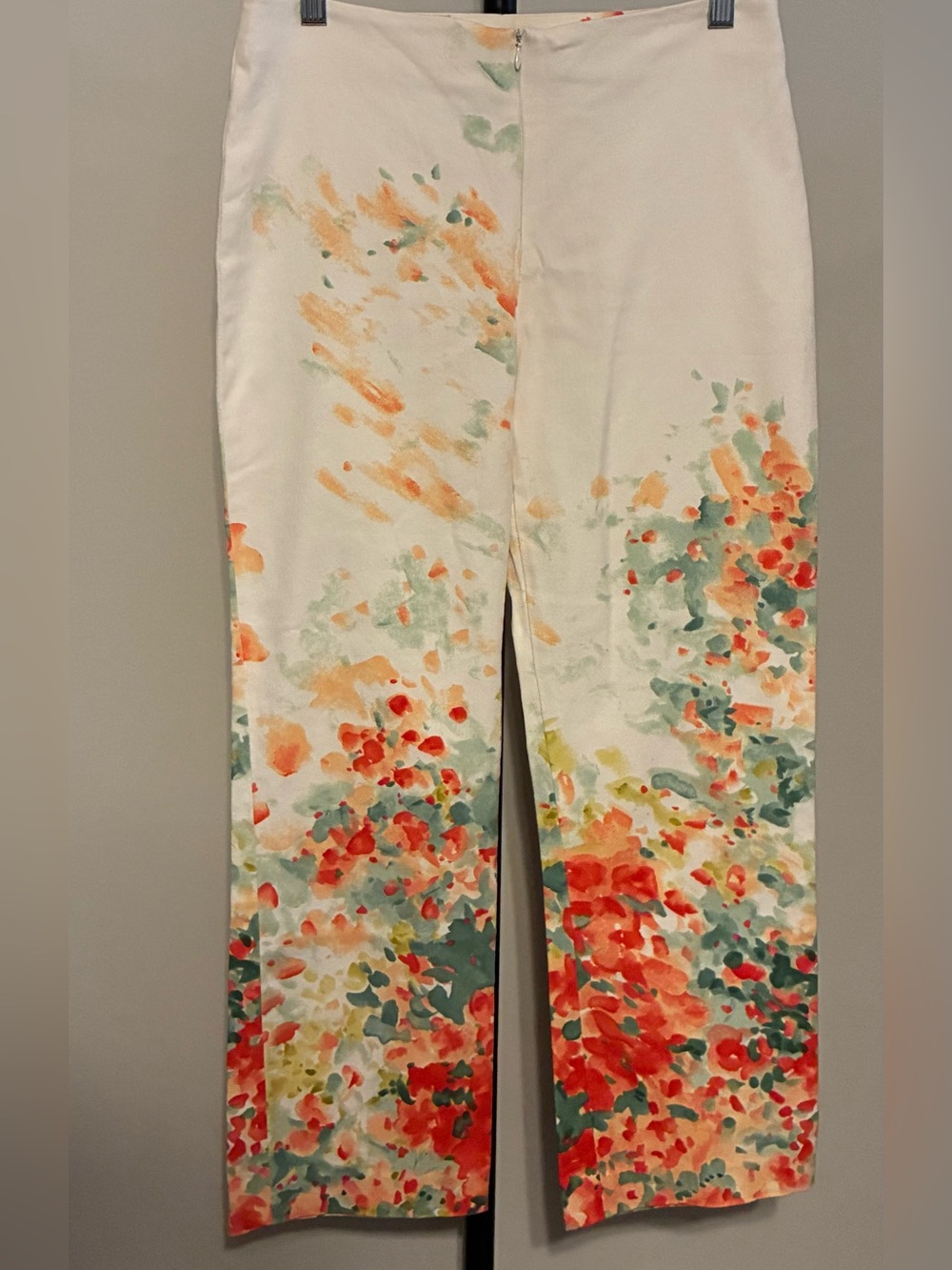 Madison Cream Cropped Pants with Coral & Sage Floral Print Stretch Denim Size 8